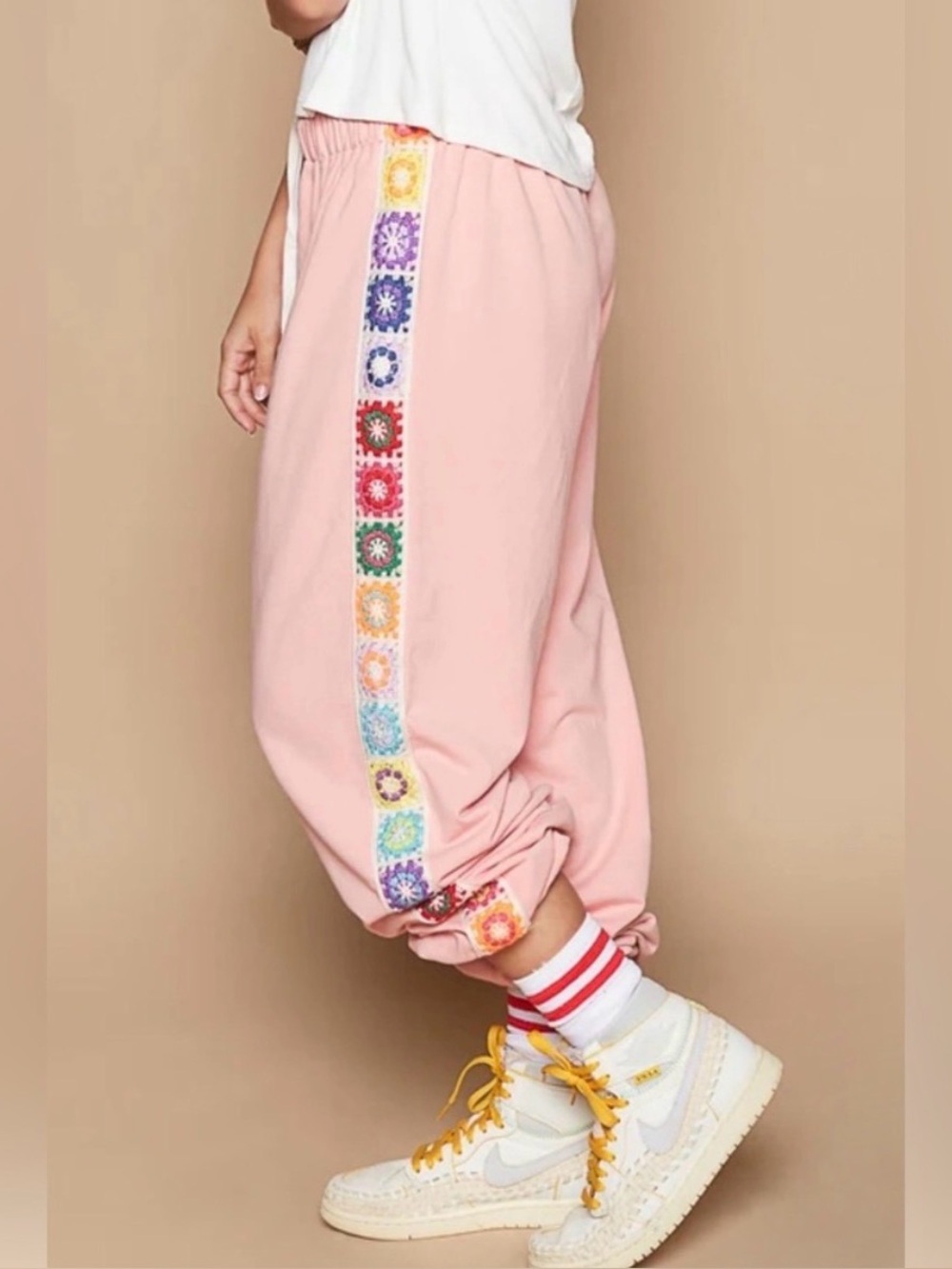 POL Pink Sweatpants with Multicolor Crochet Trim